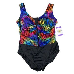 Vtg Inches Away 14 Slimming Swimsuit Black Vibrant Color Snake Print One Piece